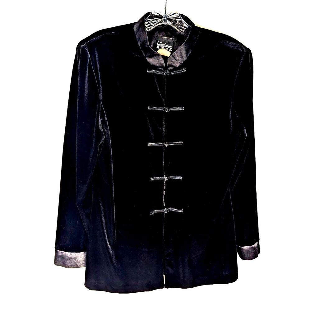 Vtge Whirlaway frocks velvet Jacket Satin cuffsand frog closures collarSz14p 80s